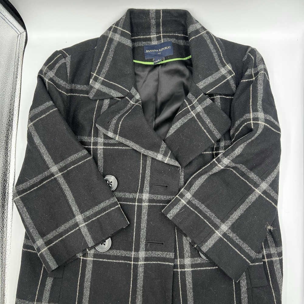 Banana Republic Womens Black Grey Plaid Wool Blend Peacoat Jacket‎ 595430 Size 6